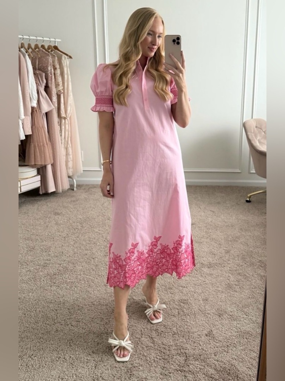 HYACINTH HOUSE small Pink Embroidery Eliza Midi Dress